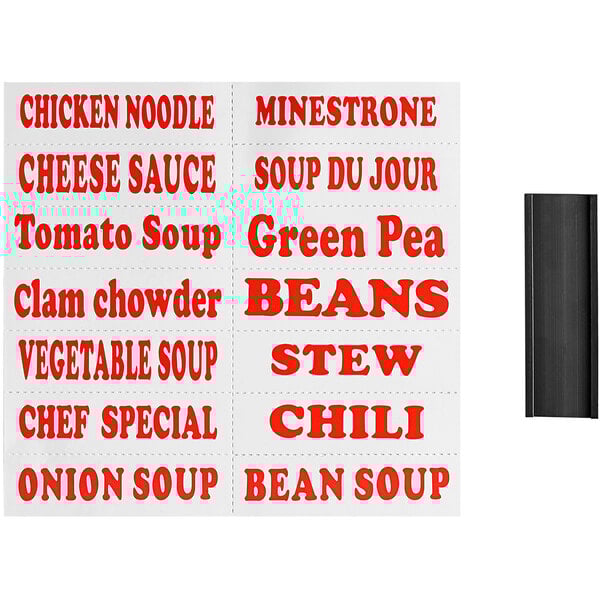 A collection of red text on a white background reading "Soup and Chili" over a black rectangular object with a white stripe.