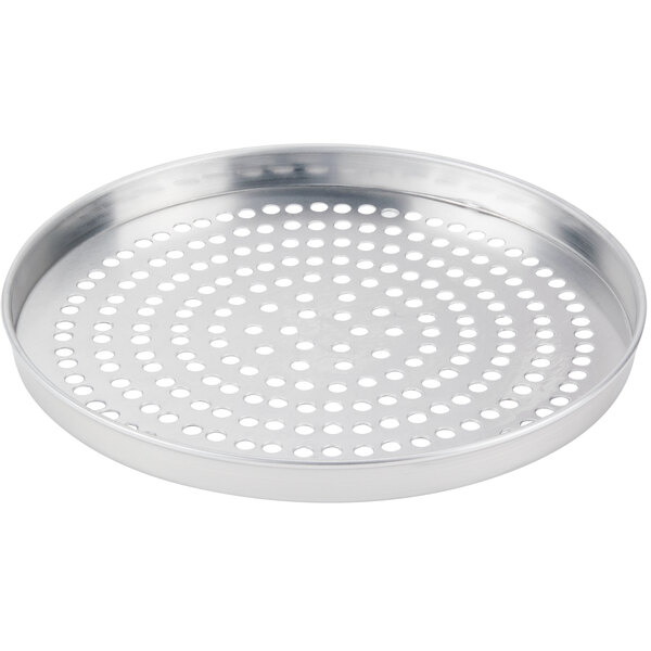 An American Metalcraft Super Perforated Aluminum Pizza Pan with silver metal and round holes.