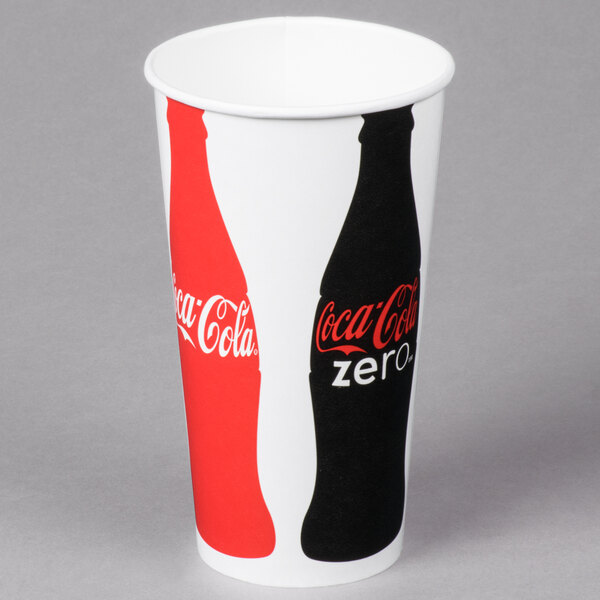 A white Solo paper cold cup with a Coca Cola logo in red and black.