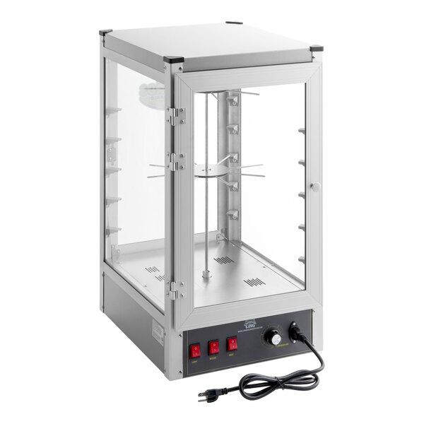 A rectangular glass and metal display case with a front door, interior rotating rack, control switches, and a power cord.