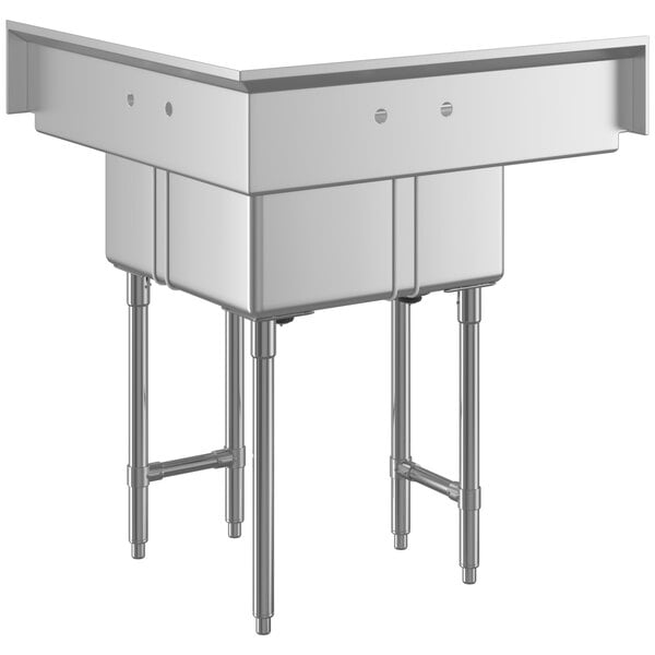 A Regency stainless steel 3 compartment corner sink with 2 drainboards on a metal table.