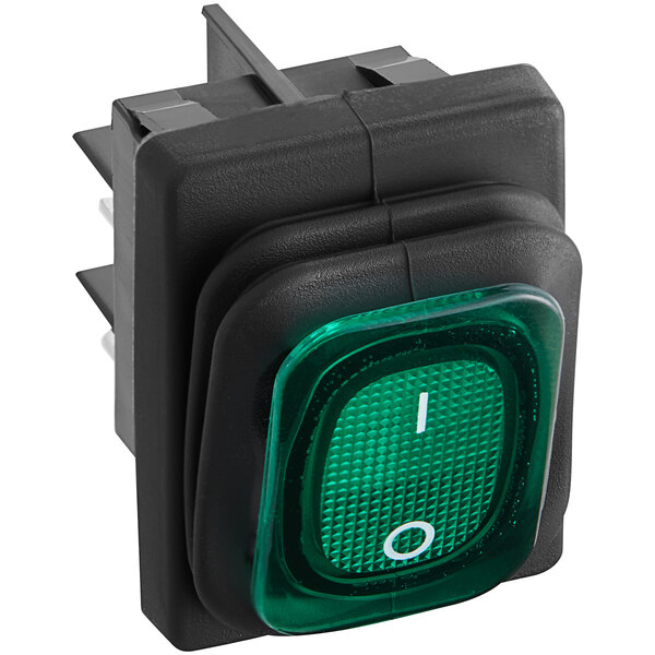 A green power switch with white text.