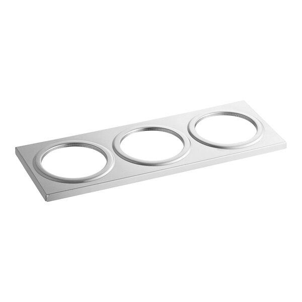A silver rectangular Carnival King top plate with three circles.