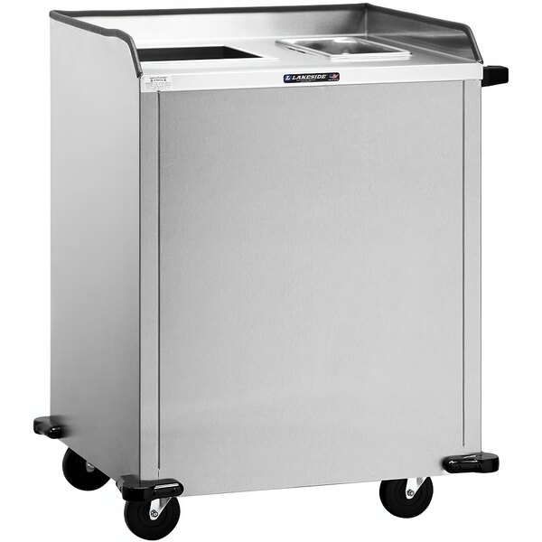A Lakeside stainless steel rectangular liquid and cereal disposal station on a silver cart with two square compartments.