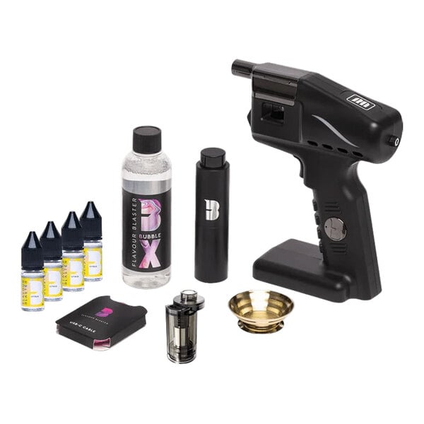 A Flavour Blaster Black Pro 2 Cocktail Gun All-in-One Starter Kit with a handheld device, flavor bottles, accessories, and a user manual.