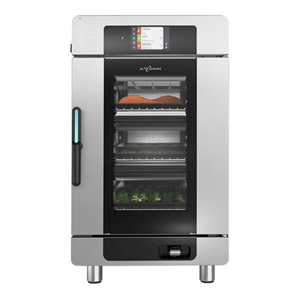 An Alto-Shaam Converge multi-cook oven with stainless steel and black accents, with food inside.