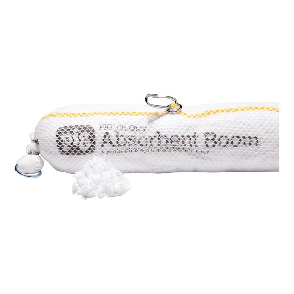 A white absorbent boom designed for containing and absorbing oil-based liquids.