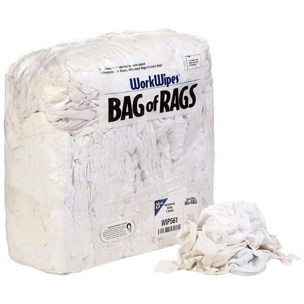 A white bag of New Pig Reclaimed White T-Shirt Rags.