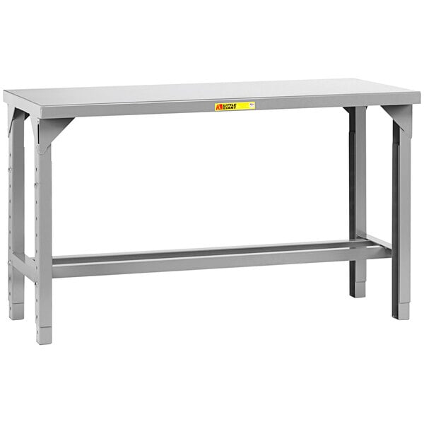 A grey Little Giant steel workbench with adjustable legs.