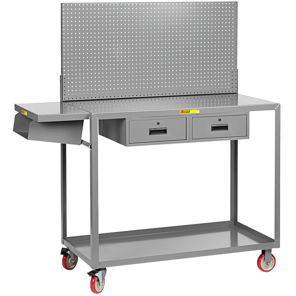 A grey Little Giant mobile steel workstation with 2 shelves and 2 drawers.