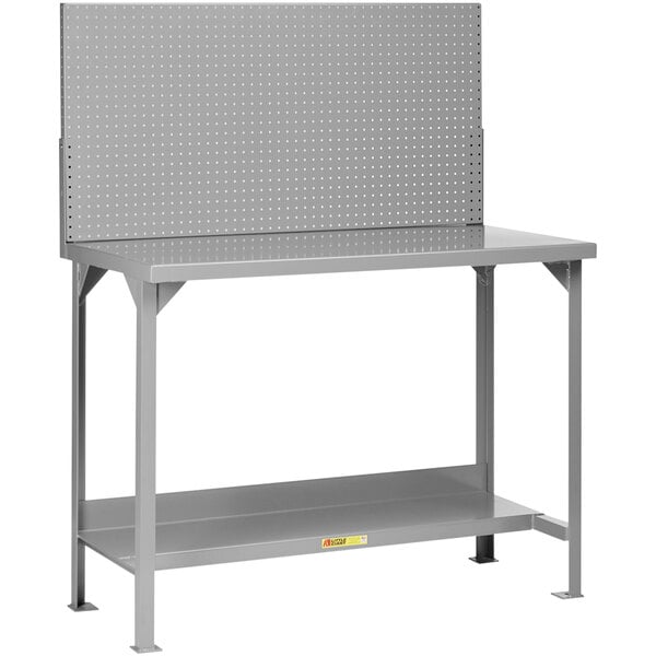 A grey steel Little Giant workbench with perforated shelves.