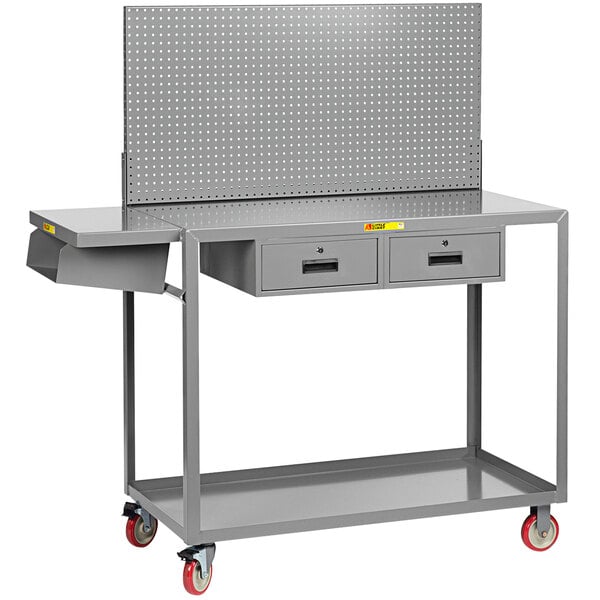 A gray Little Giant mobile steel workstation with 2 drawers and a shelf.