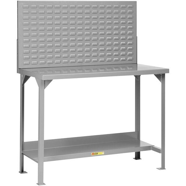 A grey steel Little Giant workbench with a louvered back panel and 2 shelves.