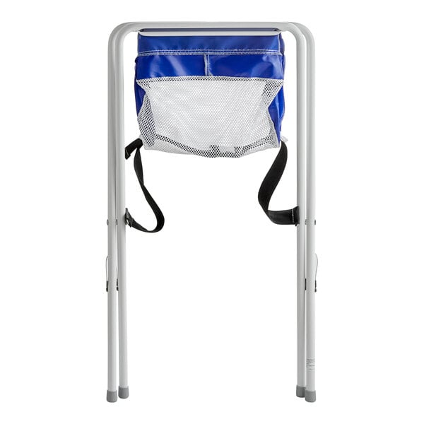 A white and blue assembled infant seat cradle with a mesh storage pocket and foldable metal frame.