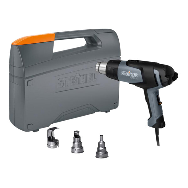 A Steinel industrial heat gun kit in a tool box with nozzles.