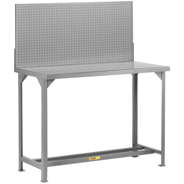 A grey steel Little Giant workbench with a perforated surface.