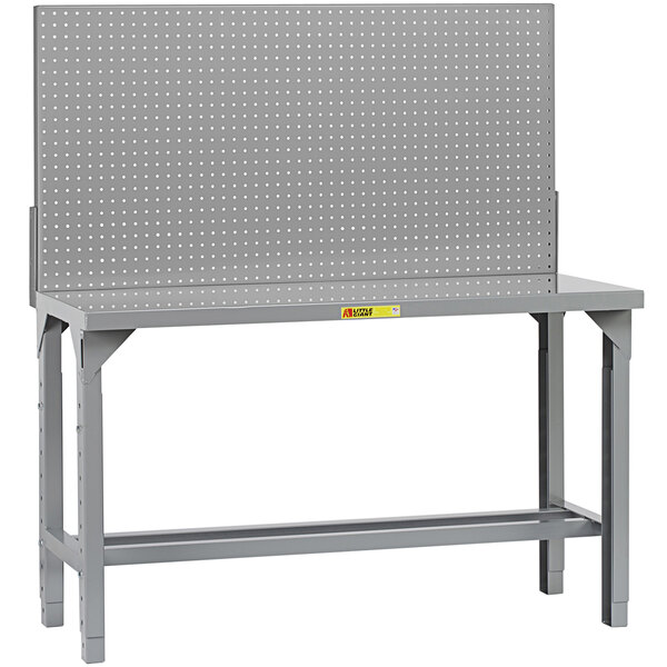 A grey metal Little Giant workbench with a grey top and pegboard.