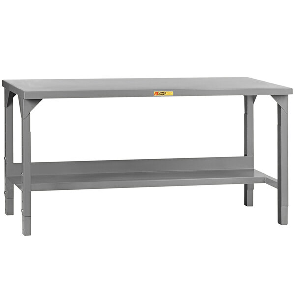 A grey rectangular Little Giant workbench with shelves.