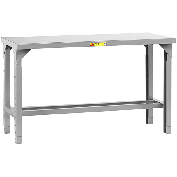 A grey Little Giant steel workbench with adjustable height and a shelf on top.