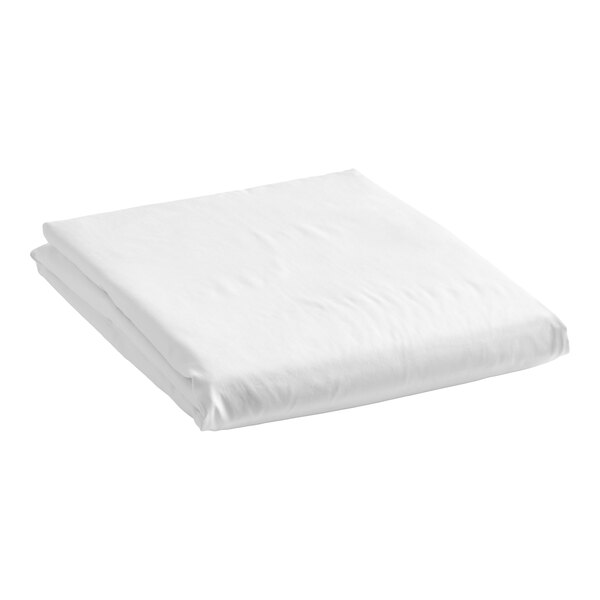 A folded white queen size flat sheet made of 100% combed cotton.