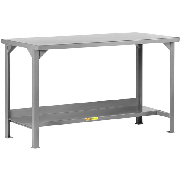 A grey steel Little Giant workbench with 2 shelves.