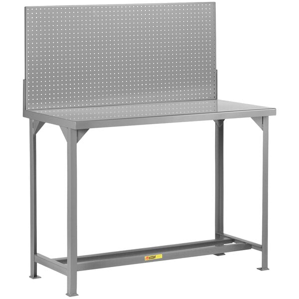 A Little Giant grey steel workbench with a perforated surface and pegboard back.