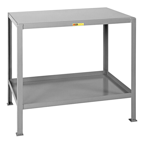 A grey metal Little Giant machine table with a shelf.