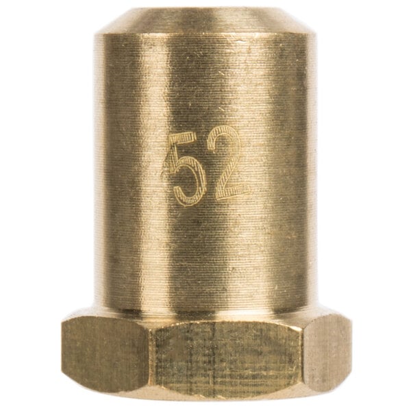 A brass #52 burner orifice with a threaded nut.