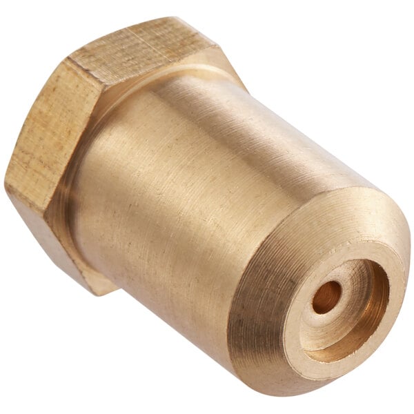 A close up of a brass #51 burner orifice with a threaded hole.