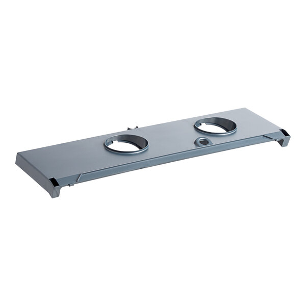 A grey metal rectangular shelf with holes in it.