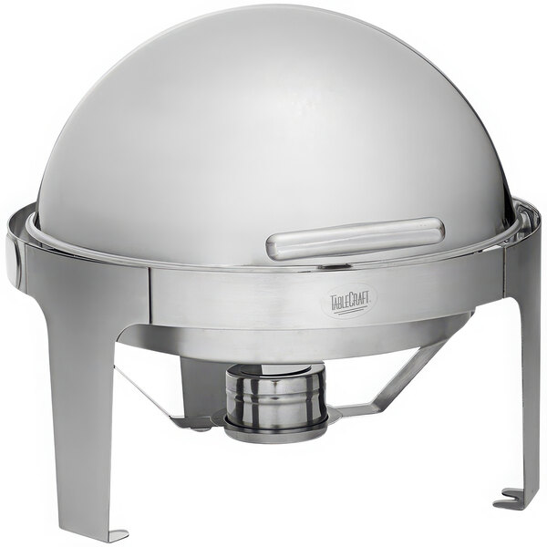 A Tablecraft stainless steel round roll top chafer with a lid.