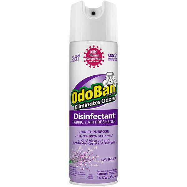 A close-up of a can of OdoBan Lavender Disinfectant spray with a purple and yellow label.