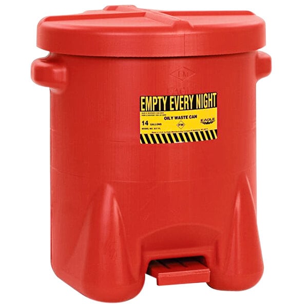 A red Eagle Manufacturing oily waste can with a yellow and black hazardous warning label.