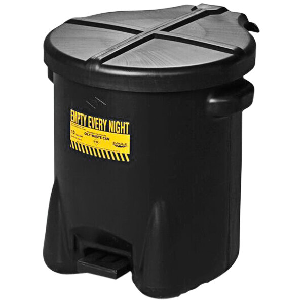 A black plastic Eagle Manufacturing oily waste can with a yellow lid.