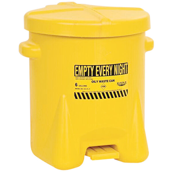 A yellow Eagle Manufacturing hands-free oily waste can with a black and yellow label.