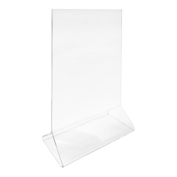 A Tablecraft clear acrylic table tent on a white surface.