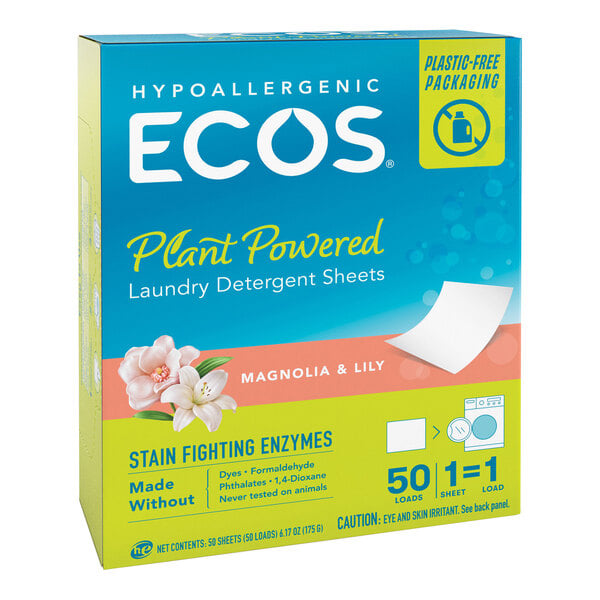 A blue box of ECOS Magnolia and Lilies Liquidless Laundry Detergent Sheets with white text and blue and yellow labels on a counter.