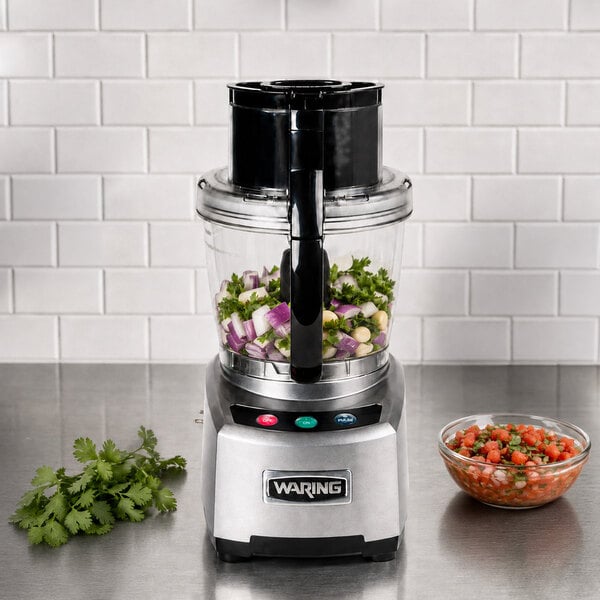 Waring WFP16S 4 Qt. Clear Batch Bowl Food Processor with Vegetable Prep Lid Chute and 3 Discs - 2 hp