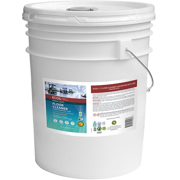 A white bucket with a label for ECOS Pro Orange Plus Scented Floor Cleaner Concentrate.