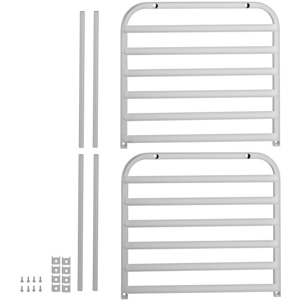 An unassembled white metal end load sheet pan rack with metal bars.