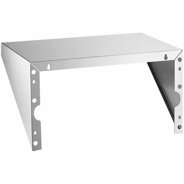 A silver metal Backyard Pro side shelf with holes.