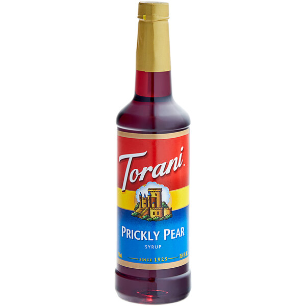 A Torani Prickly Pear flavor syrup plastic bottle with a label.