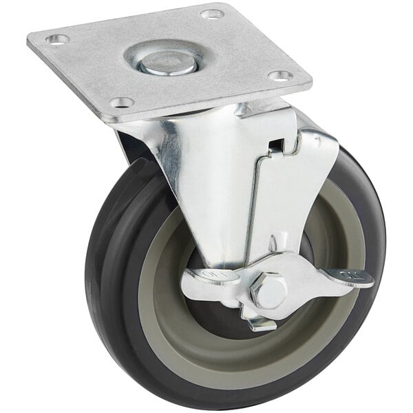 A black and grey swivel caster with a metal plate.