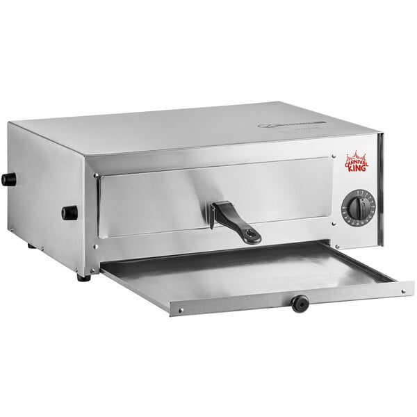 A silver stainless steel Carnival King countertop pizza oven with a lid.