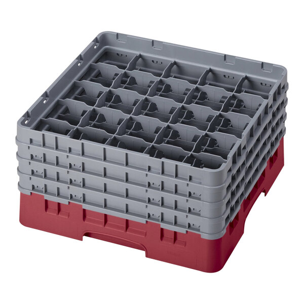 A red and gray Cambro plastic glass rack with 25 compartments and 4 extenders.