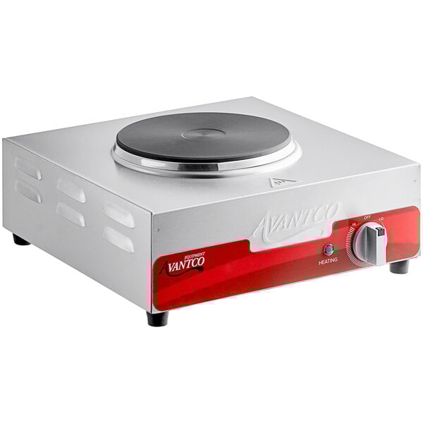 An Avantco stainless steel portable electric hot plate with a black surface.