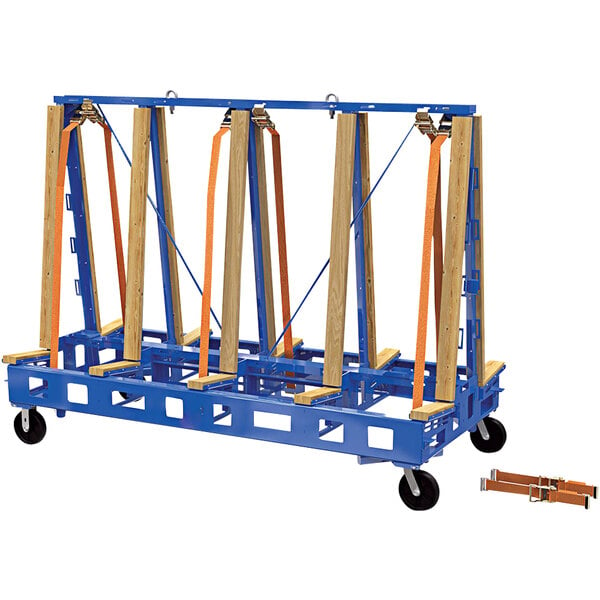 A blue metal cart with a Vestil logo on the side and wooden planks on a blue metal frame.