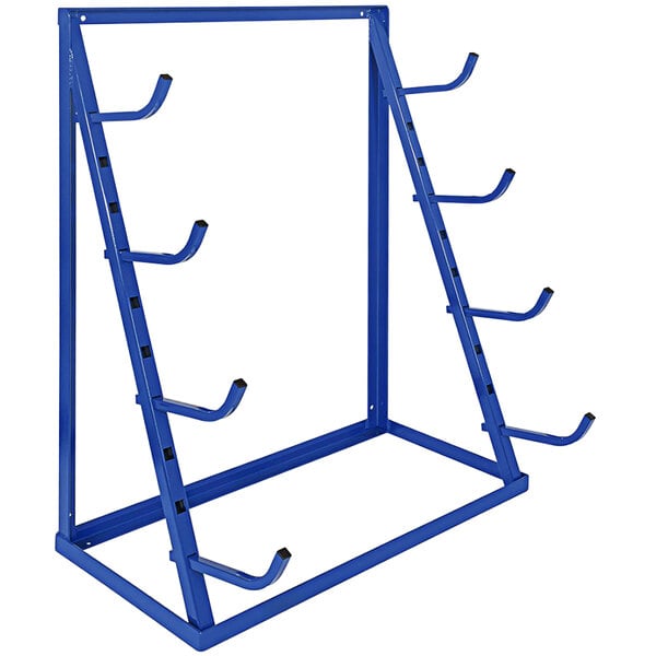 A blue metal Vestil horizontal storage rack with six hooks.