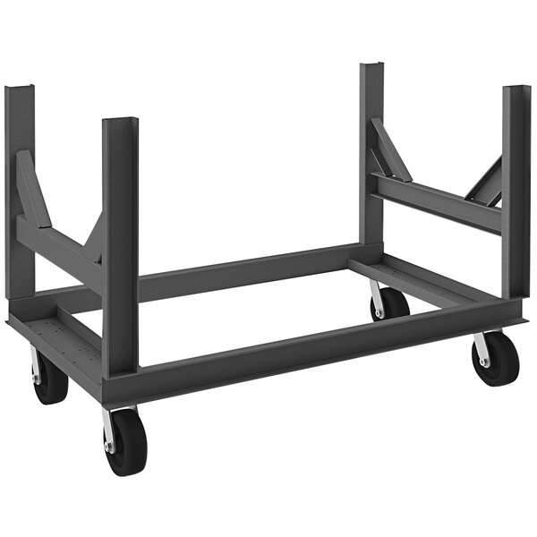 A black metal Durham bar cradle truck with wheels.