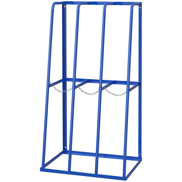 A blue metal Vestil storage rack with security chains.